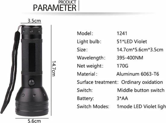 UV-lamp Zaklamp UV Ultraviolet 51x LED / 395-400NM / HaverCo - Afbeelding 3