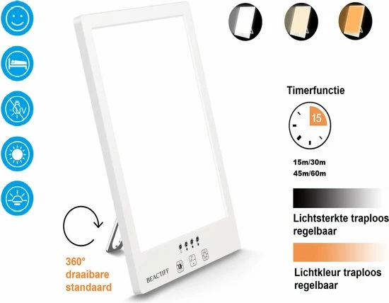 Beactiff Premium Daglichtlamp Met Timer, Lichttherapie-lamp/energielamp/ Winterdepressie Energylight-Energyup Sunlight SAD Light, Zonlicht Lamp 2.000 Tot 12.000 Lux TRAPLOOS Instelbaar LED