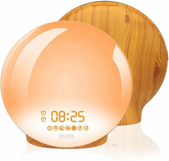 DistinQ Wake-Up Light ? Wekkerradio Met Dubbele Wektijd ? Slaaphulp Met USB Aansluiting - Houtkleurig