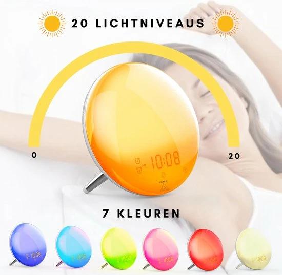 Lorem Wake Up Light Wekker Google Home Wekkerradio Nachtlampje Leeslamp – Zonsopkomst – Slaaptrainer – Smartphone – 2021 - Afbeelding 3