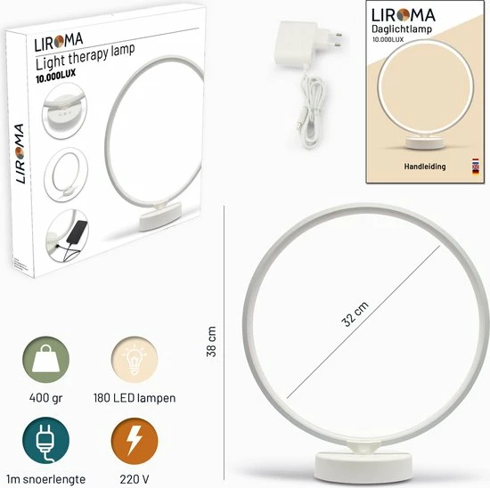 LIROMA® Daglichtlamp - Gratis Opberghoes - ⌀ 32 - 10.000 LUX - USB Poort - 3 Kleuren - Bureaulamp - Lichttherapielamp - Lichttherapie - Black Friday 2022 Deals - Afbeelding 9
