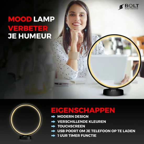 Bolt Electronics® Bolt Electronics ® Tafellamp – Moodlamp – Lichttherapielamp - Moodlight – Daglichtlamp – RGB Licht – Zwart - Afbeelding 9