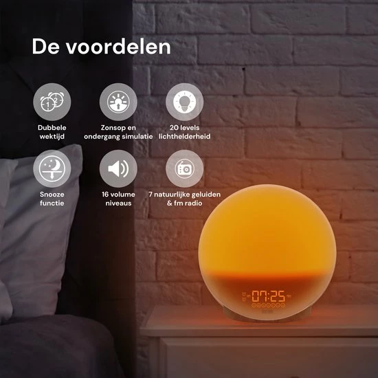 DistinQ Wake-Up Light ? Wekkerradio Met Dubbele Wektijd ? Slaaphulp Met USB Aansluiting - Houtkleurig - Afbeelding 4