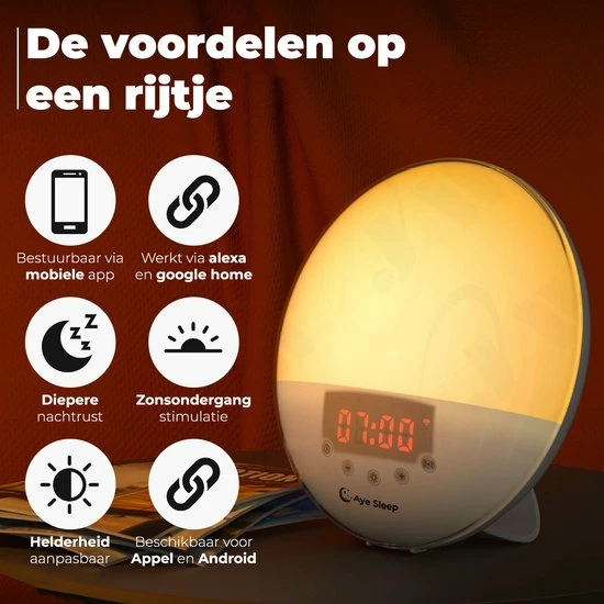 AyeSleep Wake Up Light ? Met App ? Wekkerradio ? Slaaptrainer - Alexa & Google Home - Afbeelding 2