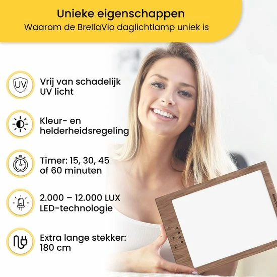 BrellaVio Happy Light Daglichtlamp - 12.000 LUX - LED Lichttherapie - Hout Kleur - Winterdepressie Bureaulamp - Daglicht Lamp - SAD Daylight Therapy - Hobby Lampen - Afbeelding 5