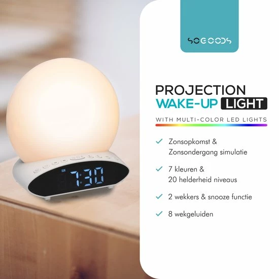 SoGoods - Wake Up Light - Wekkerradio Met Projectie - Lichtwekker - Slaaptrainer - Digitale Wekker - Afbeelding 3