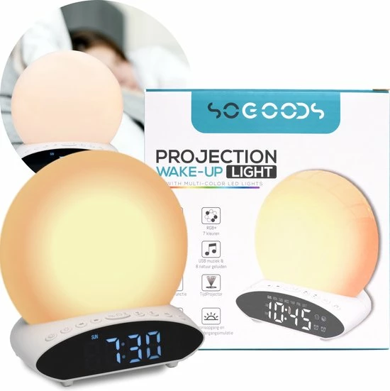 SoGoods - Wake Up Light - Wekkerradio Met Projectie - Lichtwekker - Slaaptrainer - Digitale Wekker