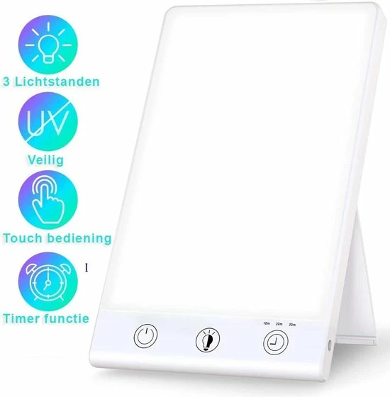 VITAMO? Premium Daglichtlamp Met Timer - Lichttherapie - Zonlicht LED Lamp - SAD Lamp - Tegen Vermoeidheid En Winterdepressie - 3 Lichtstanden - 3000-12000 Lux - 23.5 Cm X 14 Cm - Wit