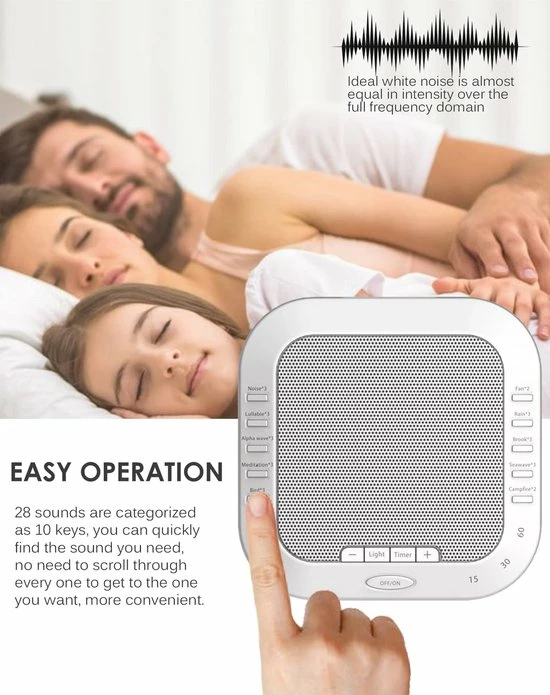 Zacro White Noise Machine- Met 28 Geluiden - Witte Ruis Machine - Slaap Geluidsmachine - Slaaphulp - Slaaptrainer - Voor Baby & Volwassenen - Wit - Afbeelding 9