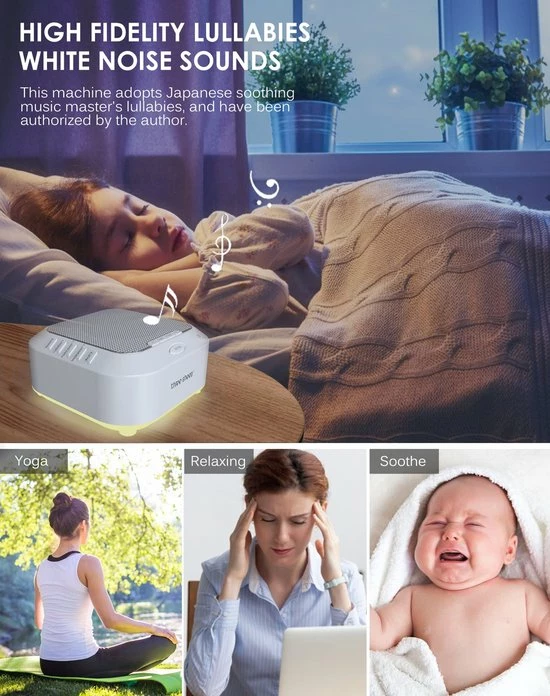 Zacro White Noise Machine- Met 28 Geluiden - Witte Ruis Machine - Slaap Geluidsmachine - Slaaphulp - Slaaptrainer - Voor Baby & Volwassenen - Wit - Afbeelding 6