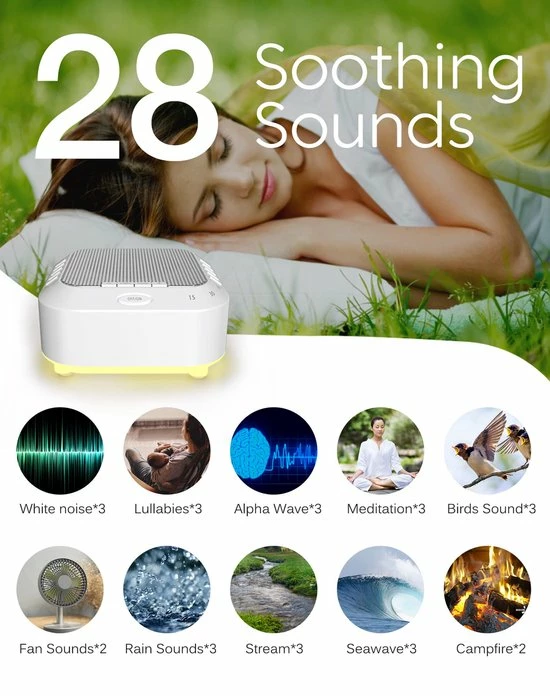 Zacro White Noise Machine- Met 28 Geluiden - Witte Ruis Machine - Slaap Geluidsmachine - Slaaphulp - Slaaptrainer - Voor Baby & Volwassenen - Wit - Afbeelding 8